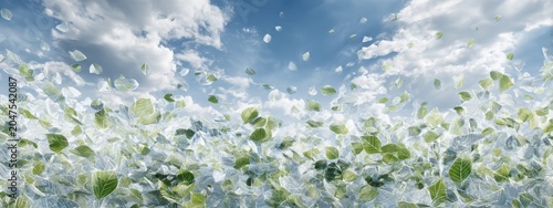 Panoramic composition of thousands of floating translucent leaves forming organic cloud structures, bright sky background, environmental innovation