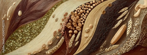 Panoramic eco background composed of diverse seed pods, grains and natural botanical structures arranged into flowing organic patterns, earthy luxury