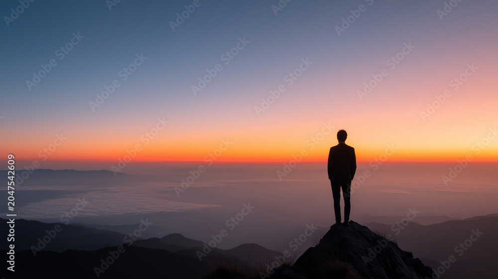 Fototapeta premium A person standing on top of a mountain at sunset