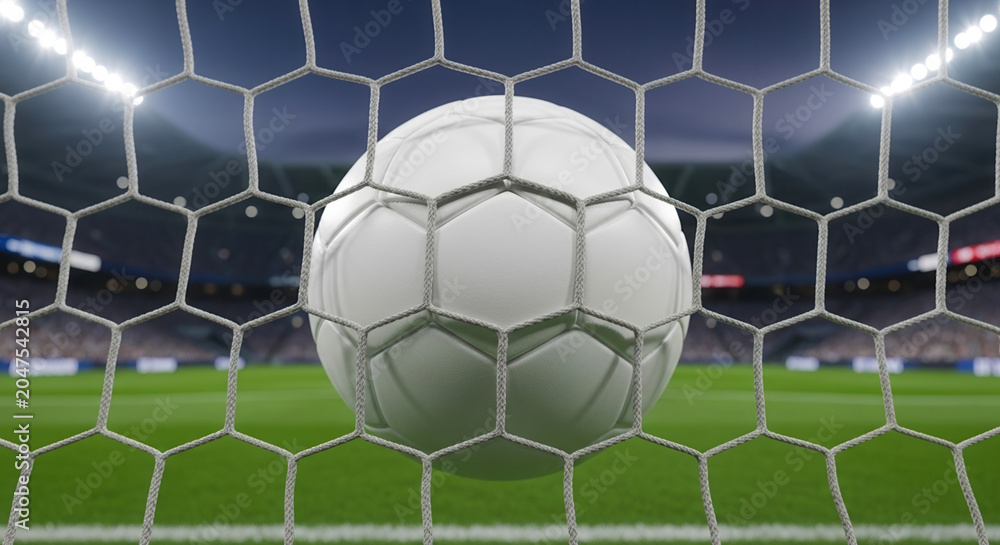 Fototapeta premium White soccer net goal with football hitting inside mesh on stadium field, sports competition and championship tournament success