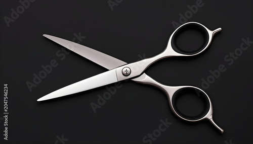 A pair of silver scissors with black finger loops is positioned diagonally across a black background