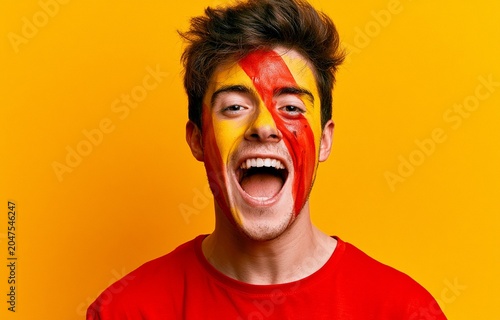 On a yellow background, a joyful Spanish soccer fan applies national flag face paint.