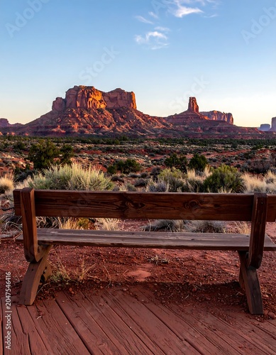 A serene desert landscape with a wooden bench (1)