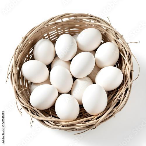 Eggs in natural woven baskets arrangement. isolated on a white background