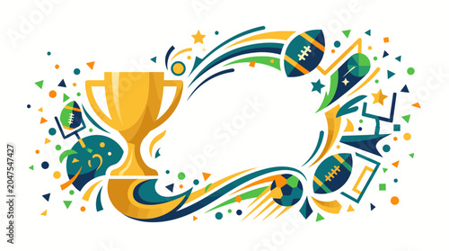Vibrant football championship celebration graphic with a golden trophy and festive abstract elements, forming an energetic frame for sports victory announcements