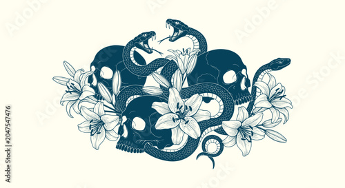 Tableau sur toile Gothic Illustration of Three Human Skulls with Deadly Snakes and White Lily Flow
