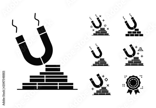 Obraz na płótnie Magnetic attraction icons featuring stacks of flat blocks and award ribbons for
