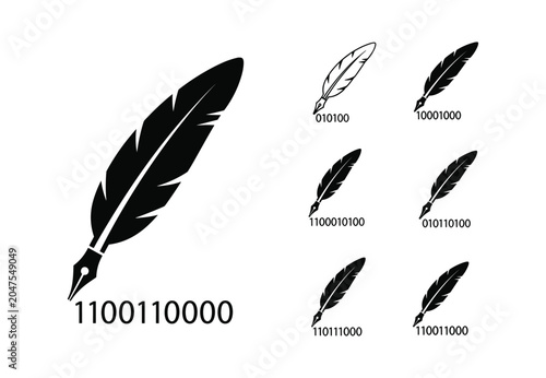 Quill pen icons with digital binary code streams for creative writing technology