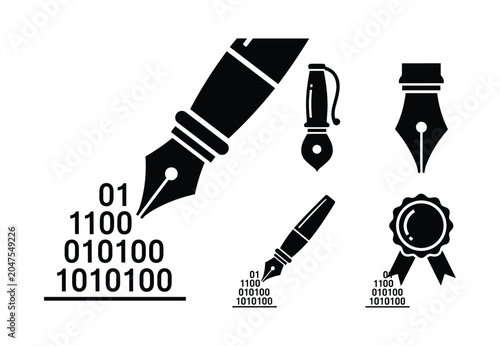 Fountain pen writing binary code and certificate seal icons as digital signature and authenticity concept in flat black vector graphic style