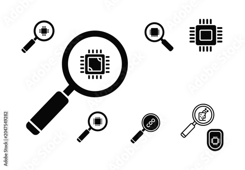 Canvastavla Magnifying glass icon set with microprocessor chips for IT audit hardware analys