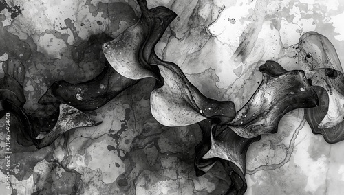 An abstract ink wash painting with flowing black and white shapes. The textures are reminiscent of clouds or smoke, with a sense of movement and depth.