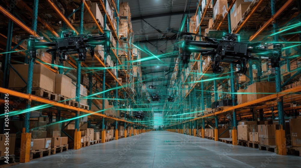 Fototapeta premium Autonomous drones navigate a modern, automated warehouse for logistics