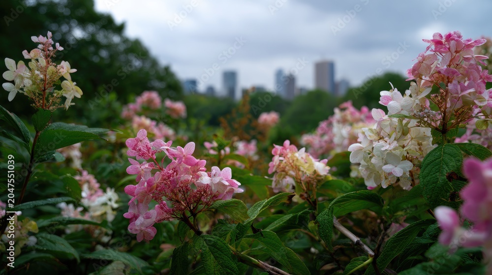 Obraz premium Delicate pink and white flowers bloom with city skyline background