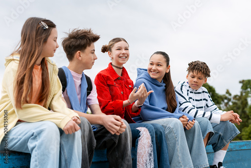 Fotografie Diverse teenagers sharing friendship and communication outdoors