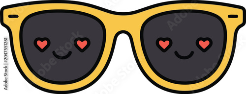 Sunglasses with heart shaped eyes express love and joy in a stylish yellow frame illustration.