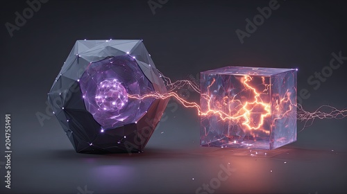 Abstract geometric shapes interact with glowing energy sparks