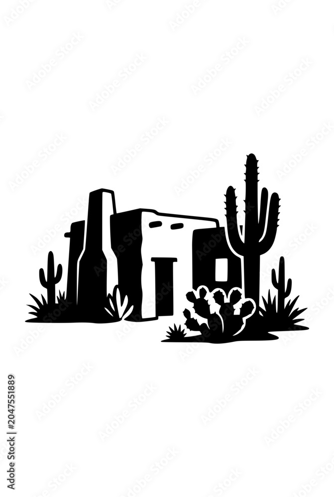Obraz premium Southwestern Desert Adobe House and Saguaro Cactus Silhouette Illustration