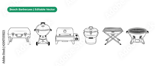 barbecue grill vector icon set of portable camping beach bbq line art featuring charcoal kettle grill, tabletop gas burner, folding picnic cooker, and bucket grill for summer outdoor cooking designs.