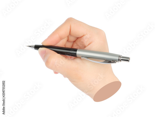 Hands with business pen isolated on transparent background. Contemporary art design