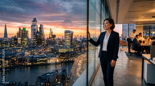 Confident Businesswoman Overlooking City Skyline at Sunset