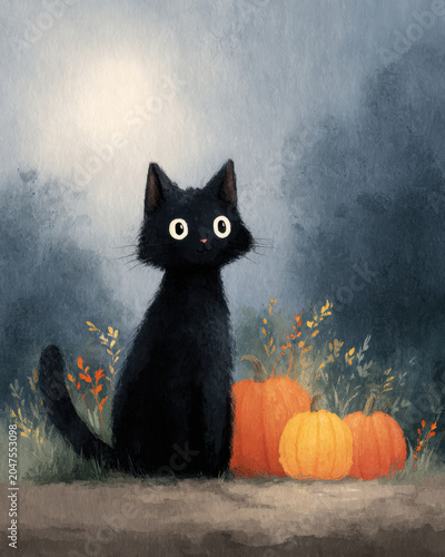 cute black cat sitting beside glowing jack o lanterns, cozy halloween night