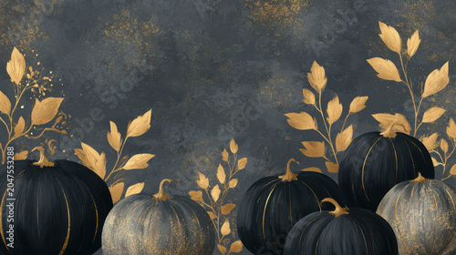 luxury halloween background with elegant pumpkins, gold details, dark matte textures
