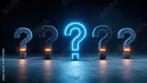 Glowing blue question mark stands out from a row of dark, textured ones