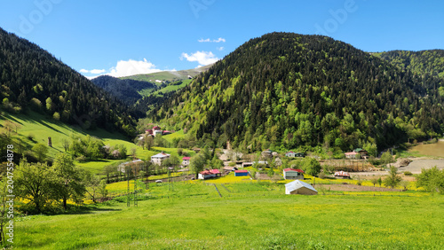 Spring landscape of Uzundere Village in Dereli, Giresun, featuring lush green hills, rural scenery, and the natural beauty of Türkiye’s Eastern Black Sea region.