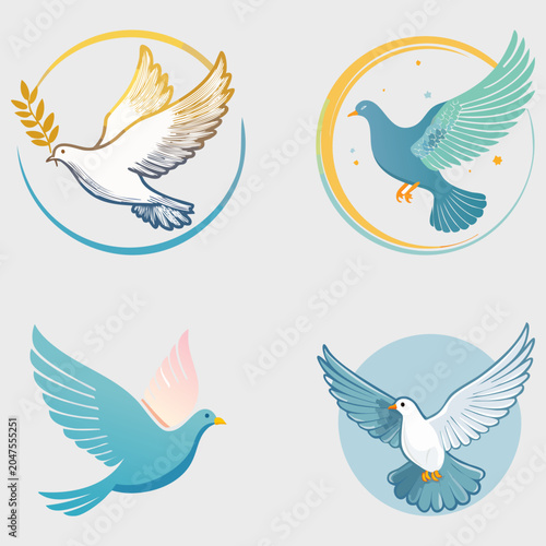 Set of flying dove bird icons, stylized vector illustration