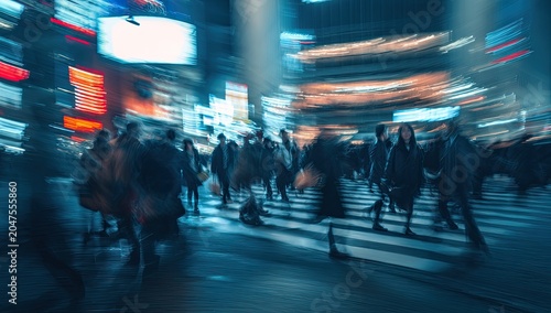 Blurred urban crowd crossing busy illuminated street at night
