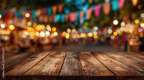 Wooden table in front of blurred colorful festive outdoor market lights