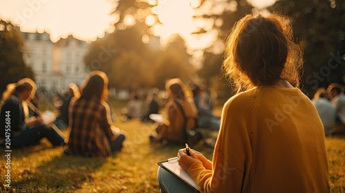 Golden hour sun shines on students sketching outdoors in a grassy park