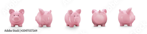 A collection of pink piggy savings, investment bank from different angles on the level with shadow isolated against a transparent background.