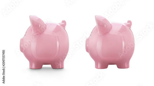 A pink piggy savings, investment bank level from the side with and without shadow isolated against a transparent background.