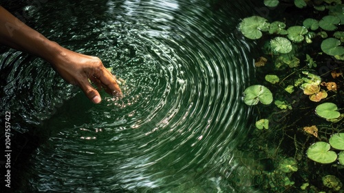 Ripples emanate from a hand touching calm, dark green water with lily pads
