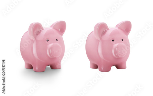 A pink piggy savings, investment bank level from the front / side angle with and without shadow isolated against a transparent background.