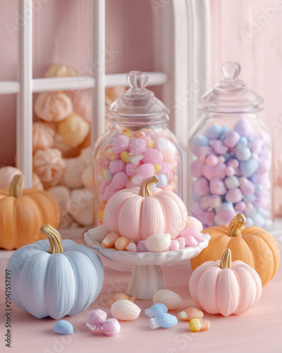 Halloween candy display pastel pumpkin jar marshmallow sweet cozy autumn scene with glass jar and pastel pumpkin on stand