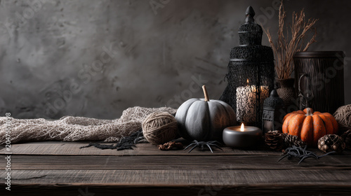 Halloween pumpkin dark wooden table candle decoration rustic autumn spooky scene with lantern spider warm light mood