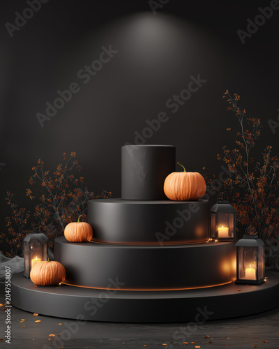 Halloween podium product display pumpkin candle dark elegant scene with soft light, black stage and autumn decor mood