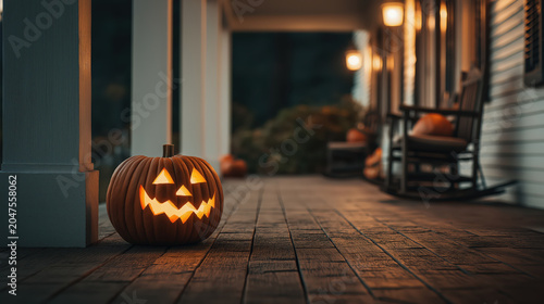 Jack o lantern halloween pumpkin glowing porch night rustic autumn glows on wooden porch near rocking chair, cozy spooky mood