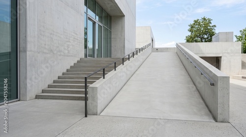 Concrete Stairs Beside Accessibility Ramp at Modern Minimalist Building, Inclusion and Access Concept