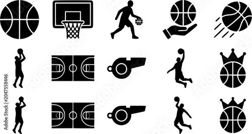 Collection of basketball bundle silhouette icon set, flat black glyph style, pure white background