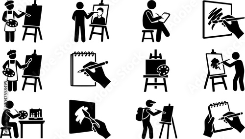 Artist drawing silhouette icon set, flat black glyph style, pure white background