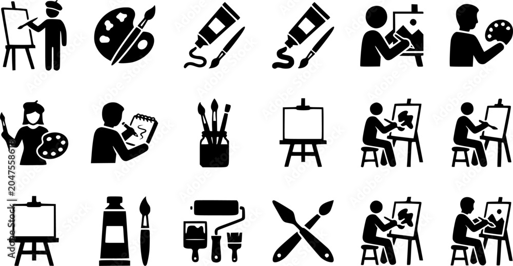 Obraz premium Artist drawing silhouette icon set, flat black glyph style, pure white background