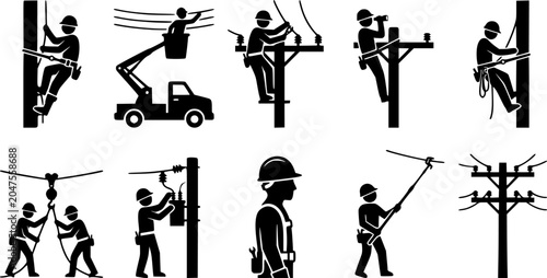 Lineman silhouette icon set, flat black glyph style, pure white background