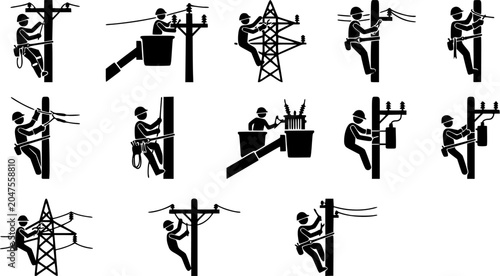 Lineman silhouette icon set, flat black glyph style, pure white background