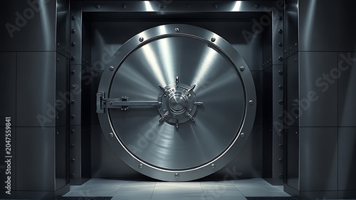 Massive polished bank vault door closing, dramatic side lighting, isolation.