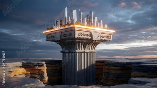 Stone pillar supporting floating city platform - Ideal for structural integrity ads, core values branding, or real estate trust.
