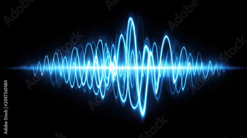 Glowing blue sound wave on black background, audio signal concept