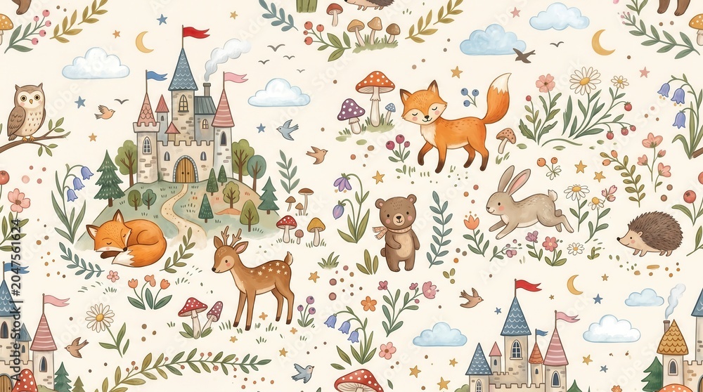 Obraz premium Charming cartoon scene with foxes, a bear, deer, and other creatures in a magical forest